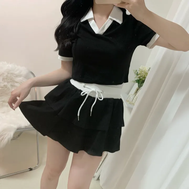 [세트가격/러블리💛] 플레인 배색 카라 크롭 반팔 + 밴딩 캉캉 치마바지 미니스커트 투피스 세트 4color 상세 이미지 35