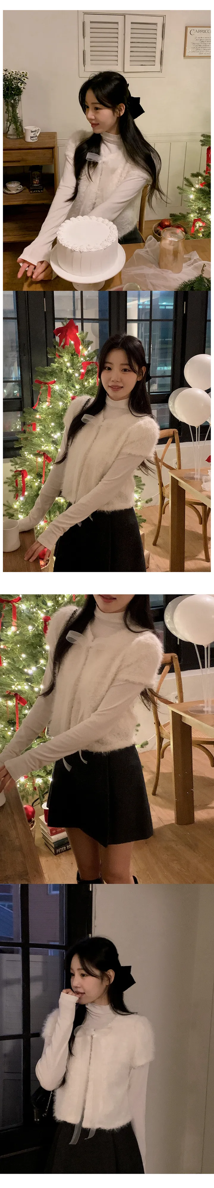 [하객룩][리본탈부착가능][리본 셋트][MADE][자체제작][국내 생산]스노우 시어 쉬폰 리본 퍼 반팔 가디건 (3color) 상세 이미지 9