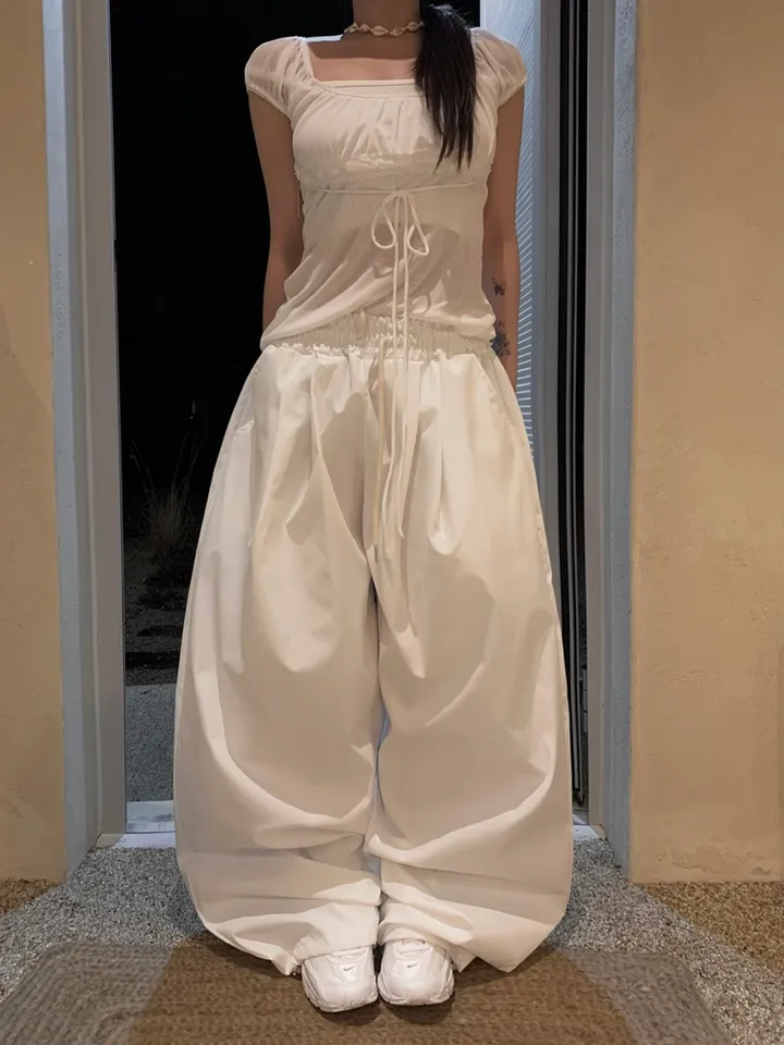 (UNISEX) 머니 나일론 더블 핀턱 스트링 벌룬 PT / 오버핏 와이드 밴딩 트레이닝 벌룬핏 팬츠 바지 와이드팬츠 벌룬팬츠 트레이닝팬츠 나일론팬츠 나일론바지 간절기 봄 여름 상세 이미지 12