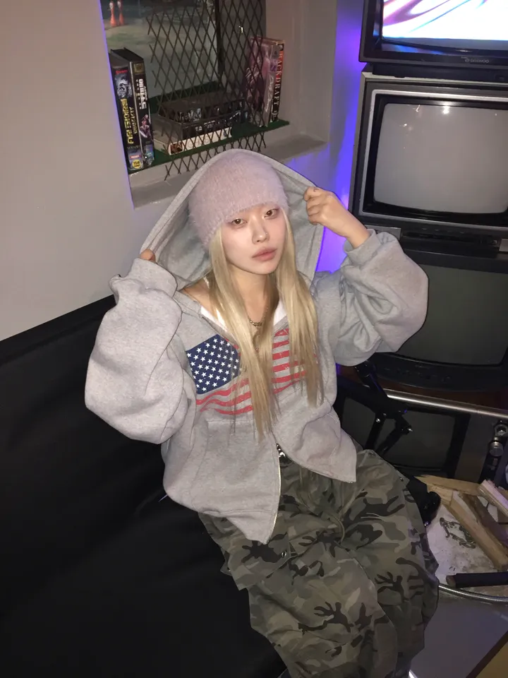 (기모ver) American flags cropped hooded zip-up [2color] 상세 이미지 6