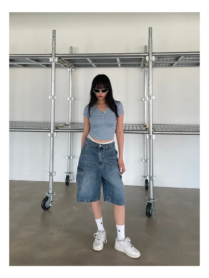 [UNISEX] 카고 데님 청 워싱 버뮤다 반바지 팬츠 (2color) 상세 이미지 7