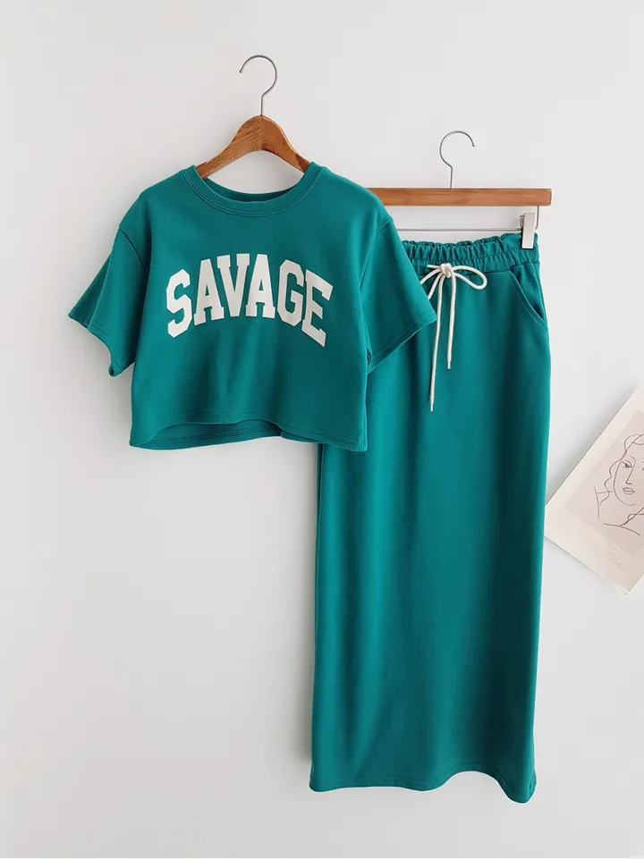 [세트가격!] SAVAGE 레터링 프린트 크롭티셔츠 크롭반팔티 밴딩 롱스커트 뒤트임 롱치마 투피스세트 치마세트 스커트세트 여름세트 꾸안꾸 이지웨어세트 상세 이미지 3