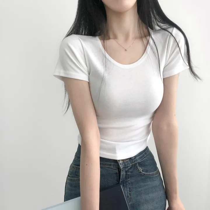 최저가🚚당일출고🚚[2개묶음할인/필수템] 넥들뜸X 부드러움, 깔끔 유넥 옆셔링 크롭 반팔 티셔츠 상세 이미지 12