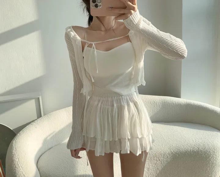 【핏보장-!】 여리여리 스트랩 끈 롱슬리브 프릴 꽈배기 부클 가디건 상세 이미지 26