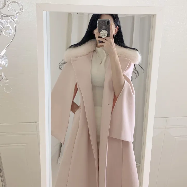 [롱케이프코트💗/고퀄보장✨] 롱VER. 알콩 울 캐시미어 폭스퍼 페이크퍼 밍크퍼 누빔안감 케이프 벨트 버튼 고급 우아 롱 판쵸 코트 망토 자켓 (4color) 연말룩 크리스마스 상세 이미지 4