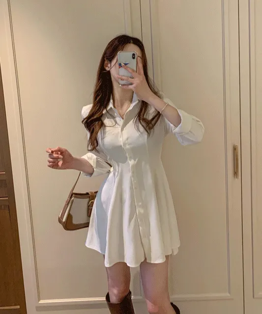 [컬러추가❤여리글램] MADE 핏보장!! 촤르르 하늘하늘 카라 단추 코튼 A라인 긴팔 미니 셔츠 원피스 허리끈 가을 간절기 하객룩 출근룩 6color