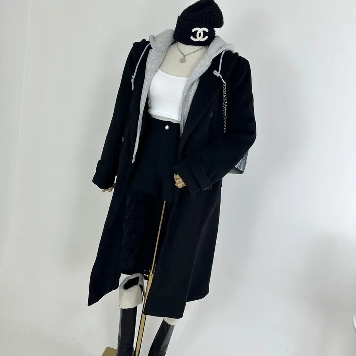 [겨울신상/패드내장/데일리/후드집업일체형] 오버핏 울 모직 쭈리 후드 집업 뒷트임 롱 자켓 코트 상세 이미지 18