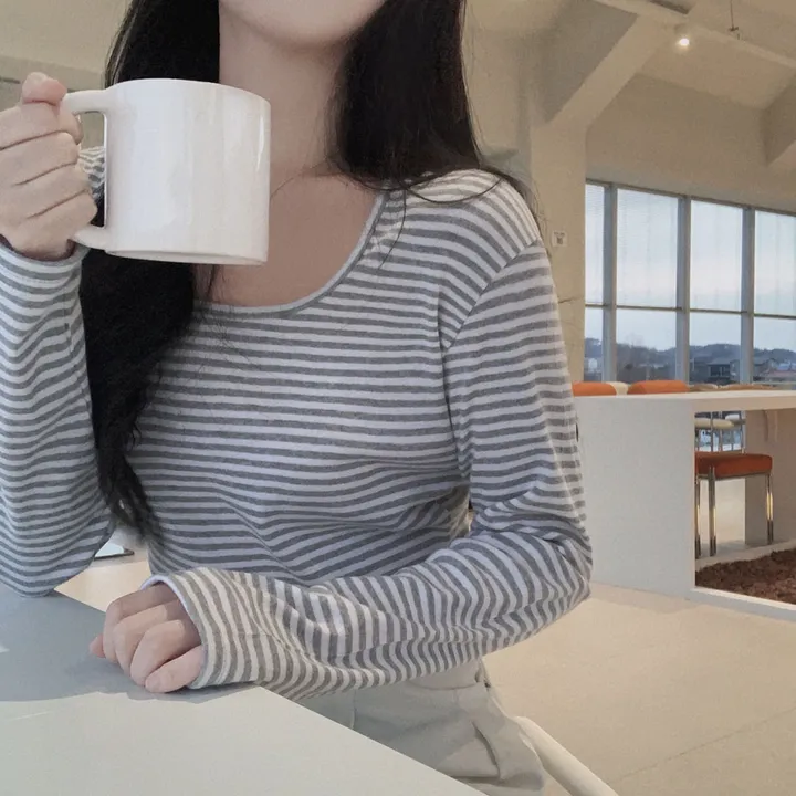 [팔말라핏🤍/단가라ver]팔뚝살 부각없는 3탄! 뉴페이스 단가라 스트라이프 스퀘어넥 루즈핏 긴팔티셔츠 상세 이미지 18