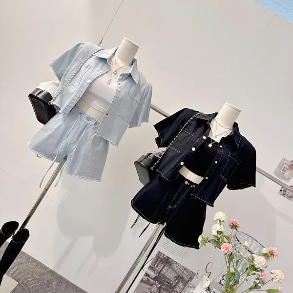 *최저가* [세트가격!/하객룩!] 드뷔 스티치 데님자켓 청자켓 데님셔츠 셔츠카라 버튼 포켓 반팔자켓 크롭자켓 스트링 밴딩 하이웨스트 와이드 반바지 숏팬츠 여름투피스 세트 데님세트 상세 이미지 46