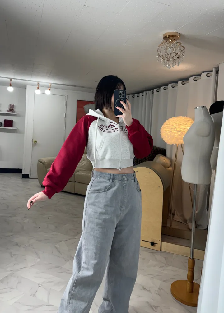 [데일리/투웨이]레터링 나그랑 투웨이 크롭 후드집업 상세 이미지 5