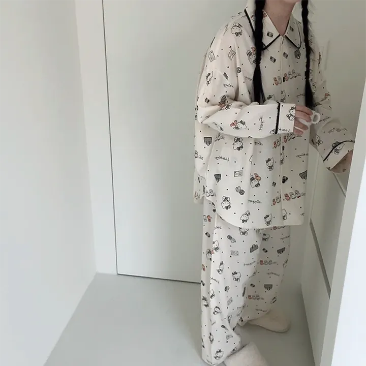 🖤[당일출고/정품/최저가!]🖤 헬로키티 잠옷 파자마 상하세트 면 레이온 봄 가을 박시핏 빅사이즈 오버핏 루즈핏 캐릭터 산리오 땡땡이 도트 원카라 블랙 레이스 선물 파자마파티 상세 이미지 8