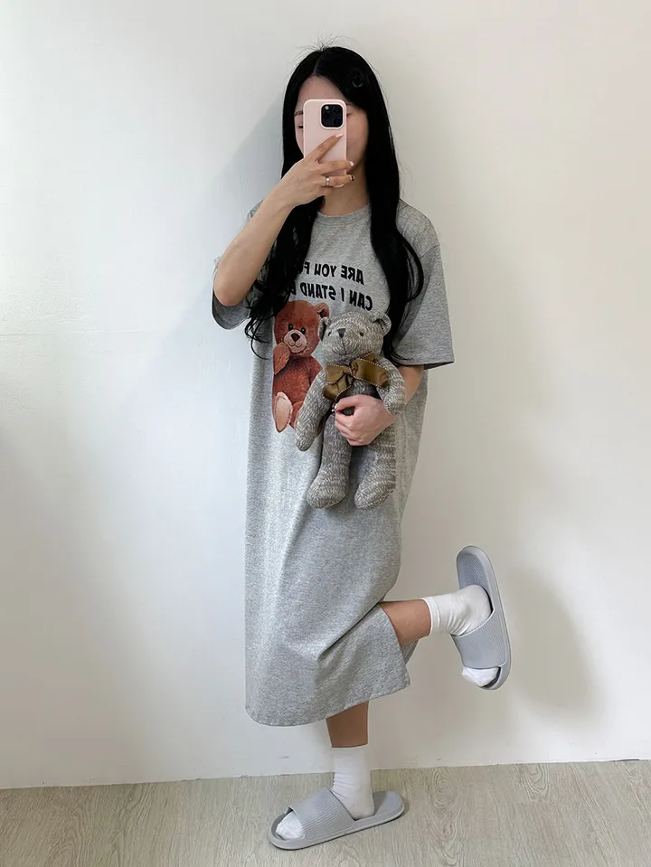 [국내/부드러운] 베어🐻 프린팅 반팔 롱 원피스 - 4color 상세 이미지 31