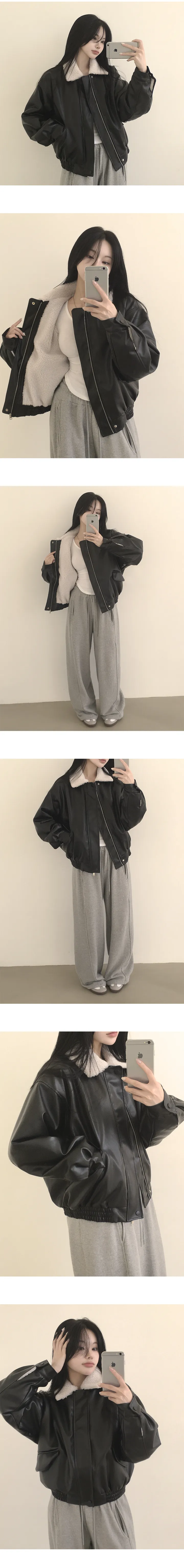 [전체양털안감🔥/한겨울까지~] 군더더기 없이 깔끔한, 양털 카라 레더 오버핏 무스탕 점퍼 (2color) 상세 이미지 5