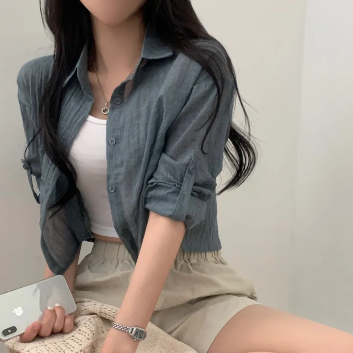 [살안타템17컬러✨/크롭&루즈핏] 햇빛차단, 린넨 시스루 루즈핏 거즈 셔츠/남방 블라우스 상세 이미지 54