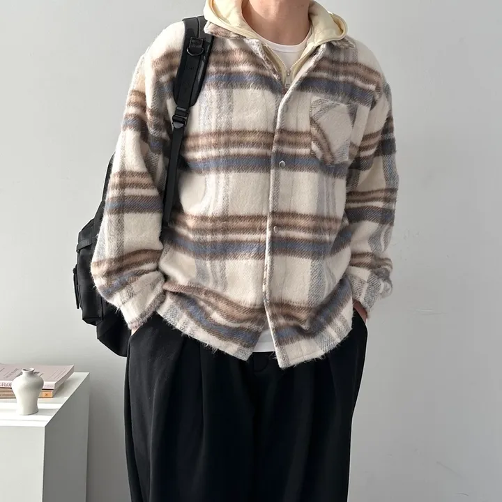 오버핏 체크 하프 코트 자켓 후드 레이어드 미니멀 빅사이즈 아우터 후드레이어드하프체크코트 상세 이미지 15