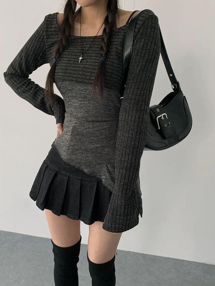 [레이어드세트/몸매보정핏! 뒷모습도완벽🖤 슬림핏 홀터나시 긴팔크롭티 레이어드세트] 리엘사선홀터나시SET 상세 이미지 4
