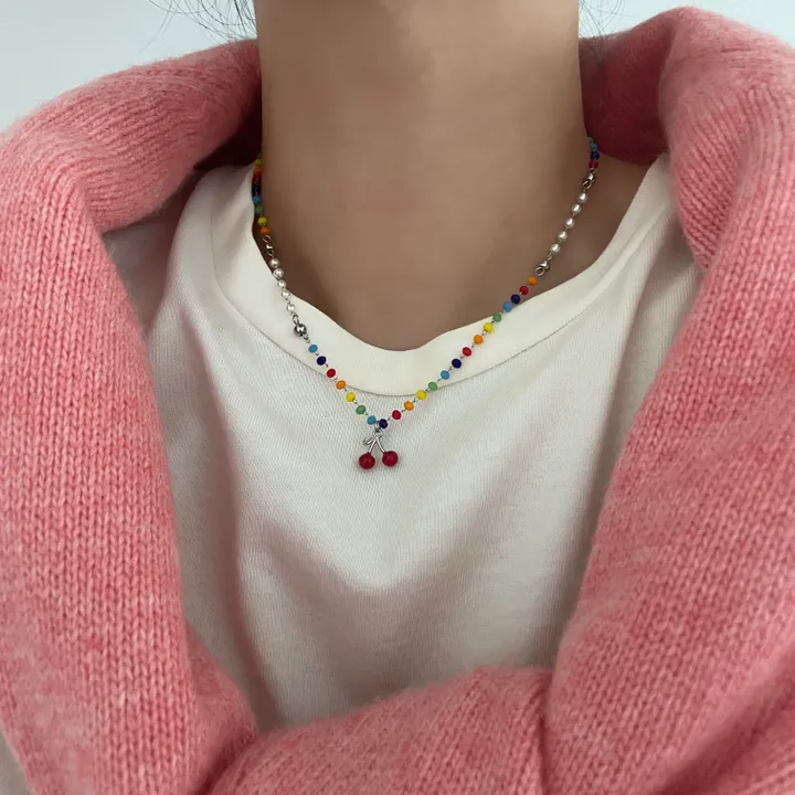 [MADE] ric 써지컬스틸 비비드 비즈 체리 키치 목걸이 상세 이미지 8