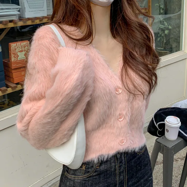 [심쿵핏/털빠짐X] 따뜻 도톰 파스텔 루즈핏 앙고라 모헤어 크롭 브이넥 벌룬 소매 깃털 퍼 니트 가디건 상세 이미지 51
