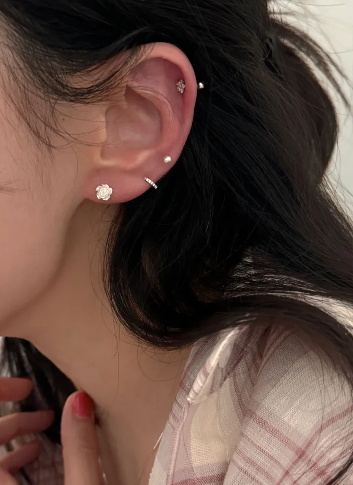 [써지컬/4set] feel my rhythm 빈티지 장미 진주 큐빅 세그먼트 원터치 링 써지컬스틸 피어싱세트 상세 이미지 3