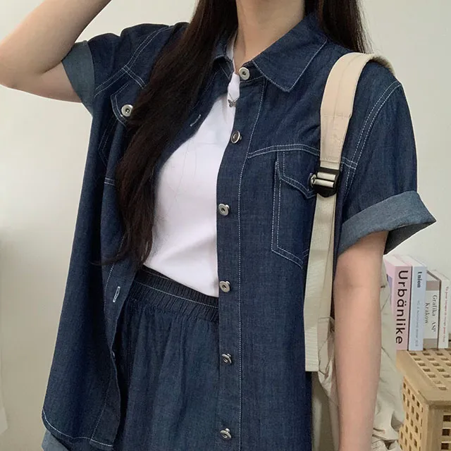 청청 오버핏 생지 데님 반팔 셔츠 남방 & 밴딩 숏 데님 팬츠 SET 상세 이미지 7