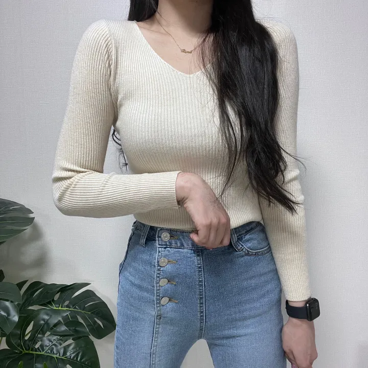 1000장 돌파! 🚀당일발송!🚀✨진짜최저가보장✨ 🎊봄까지 쭉!🎊 주문폭주 🎀리뷰극찬🎀 2개 구매시 묶음할인! 기본 슬림 골지 브이넥 니트 긴팔티 상세 이미지 24