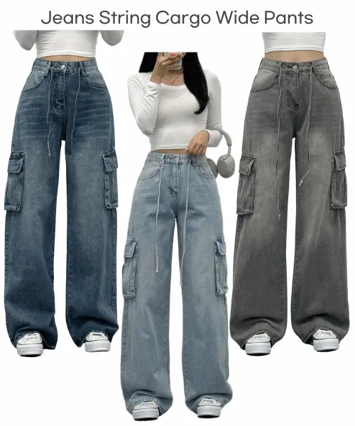 [리뷰보장/빈티지카고/허리조절] 진스 워싱 스트링 하이웨스트 카고청바지 와이드팬츠 카고팬츠 데님팬츠 흑청 연청 진청 댄스팬츠 댄스룩 가을신상 사계절청바지