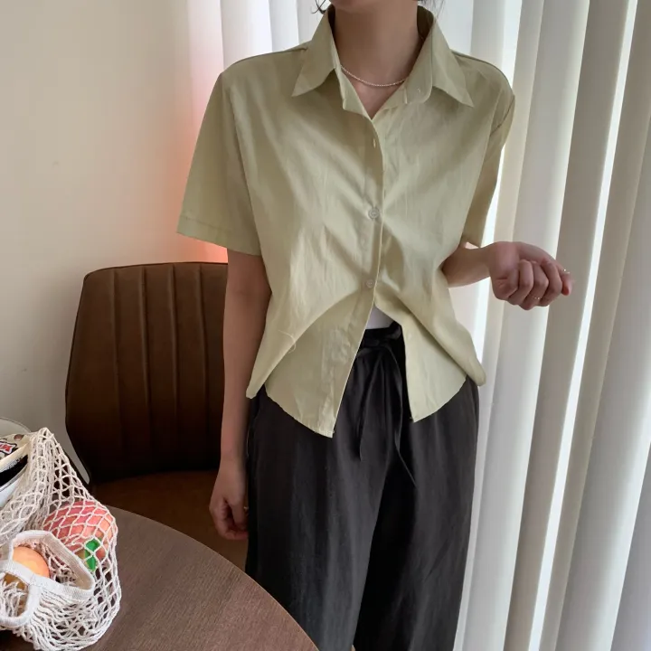 [비침X,베이직] 8컬러 제이 크롭 카라 코튼 반팔 셔츠 상세 이미지 12