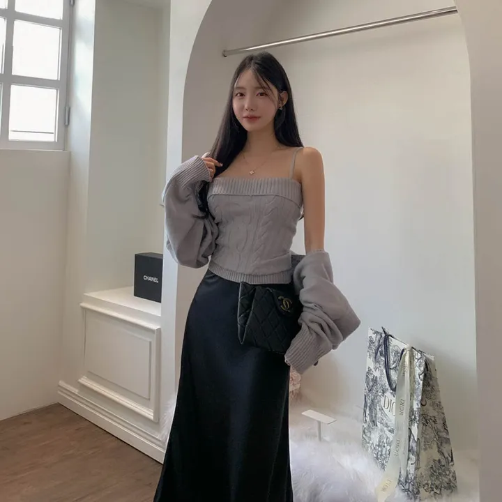 [찐애정템ㅠ고퀄버전*나시볼레로setෆ부유방삭제핏] 빈츠 꽈배기 끈나시 + 루즈핏 긴팔 볼레로 세트 니트 탑 나시 크롭 볼레로 가디건 스판 긴팔 투피스 세트 봄 가을 데일리룩 데이트 상세 이미지 49