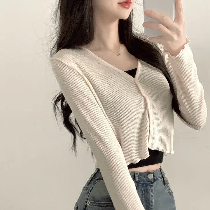[봄신상/색감맛집] 물결 니트 브이넥 크롭 가디건 상세 이미지 16