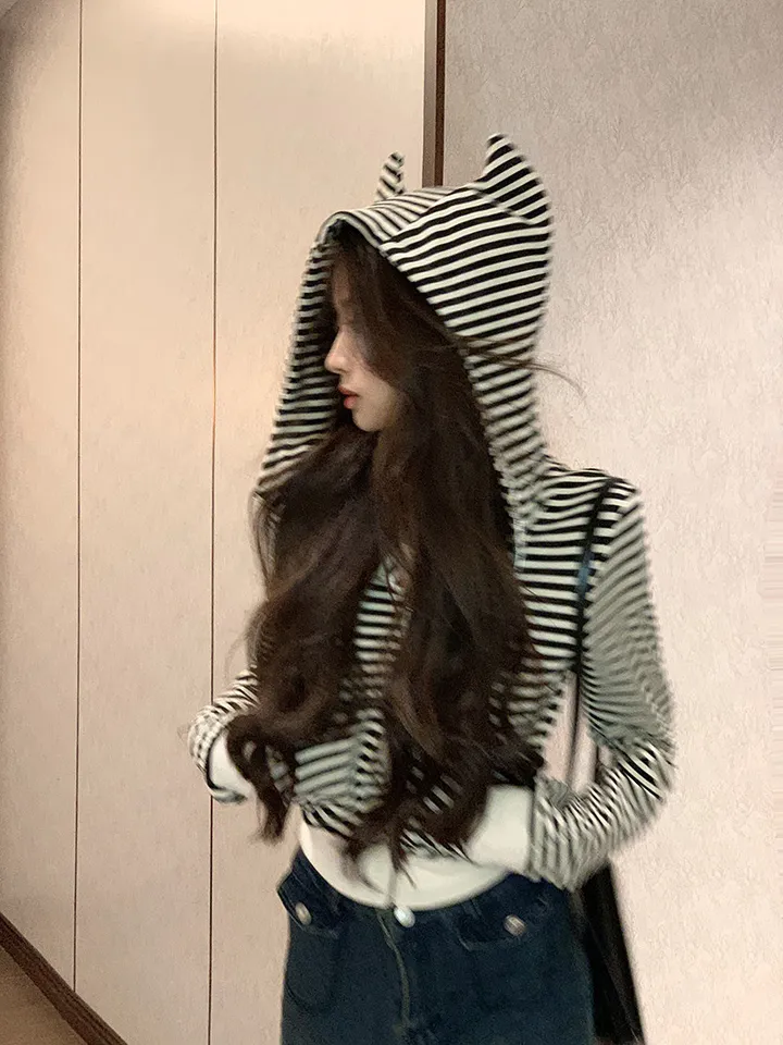 [인기🖤/빈티지]캣츠 스트라이프 후드집업 1color 슬림핏 여리핏 후드 후드집업 단가라 스트라이프 빈티지후드집업 y2k 펑크 고스룩 유니크 크롭 고양이 뿔후드 유니크 봄 상세 이미지 4