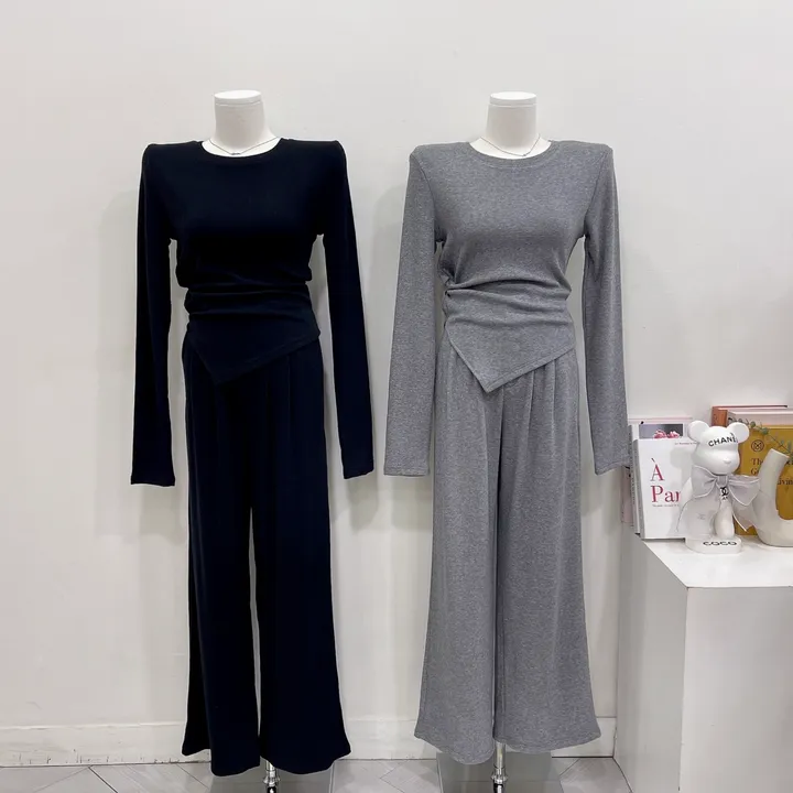 [글램핏/set]*핏보장* 봄신상 간절기까지 쭉~ 꼬임 언발 사선 슬림핏 핀턱 와이드팬츠 밴딩슬랙스 버튼 지퍼 하객룩 캐주얼  소재탄탄 꾸안꾸 데일리 멜팅 투피스 세트 3color 상세 이미지 10