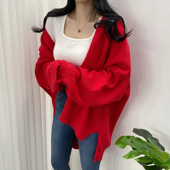 🚀당일발송-레드/블랙🚀[고퀄/데일리룩] 봄🌸 가을 디얼 터크 언발 오버핏 니트 가디건 상세 이미지 20