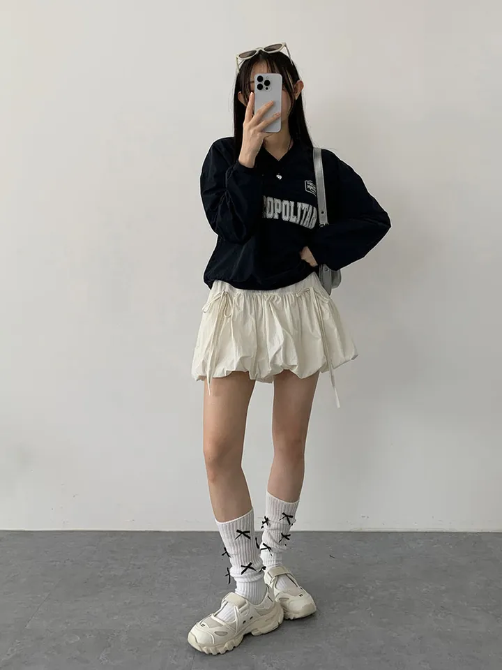 [속바지O/호박벌룬~펌킨 바스락나일론스커트! 가볍게입는 리본 포인트볼륨스커트] 벌룬리본나일론스커트 상세 이미지 3