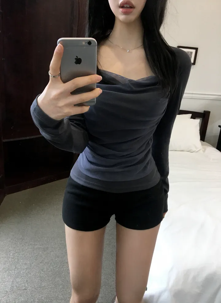 당일발송[승모근박살/팔뚝살부각X] 매쉬 쉬폰 드레이프 레이어드 망사 볼레로 일체형 긴팔 티셔츠 상세 이미지 11