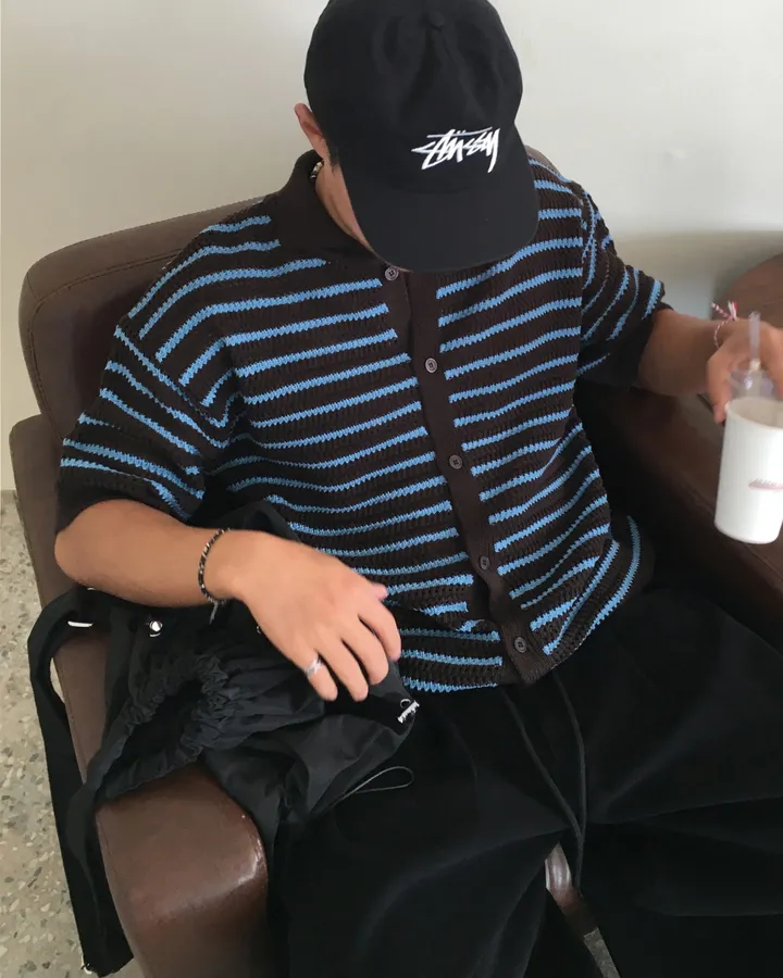 [온트추천] (UNISEX) 모리 스트라이프 카라 반팔 가디건 상세 이미지 22