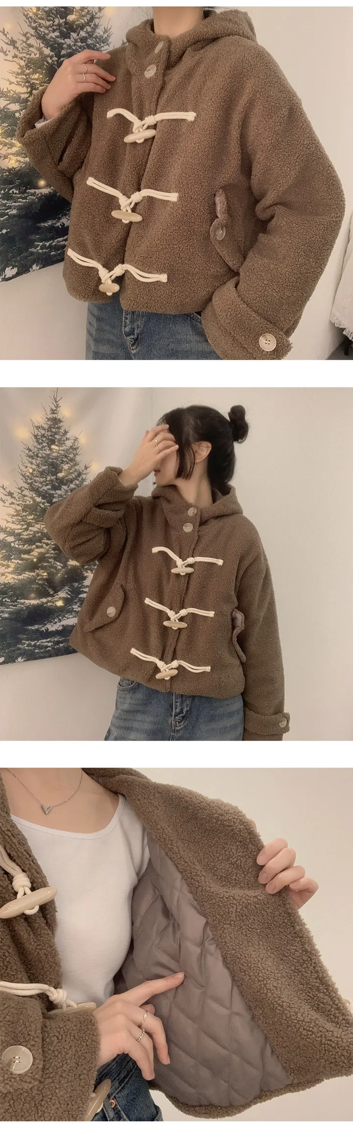 🎀가성비템이라 불러주세요! [양털/누빔안감/후드] DJ 하이넥 투버튼 더플 버튼  소매 포켓 포인트 세미크롭 후드 점퍼 자켓 3Color 상세 이미지 12