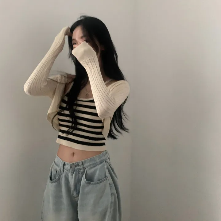[세트가격✨/간절기까지~] 케이블 볼레로 크롭 니트가디건 + 스트라이프 나시 세트/투피스 - 3color 상세 이미지 8