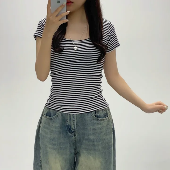 [슬림여리핏/핏보장] 제나 라운드 줄무늬 단가라 반소매티셔츠 여름반팔 기본티셔츠 (3Col) 상세 이미지 8