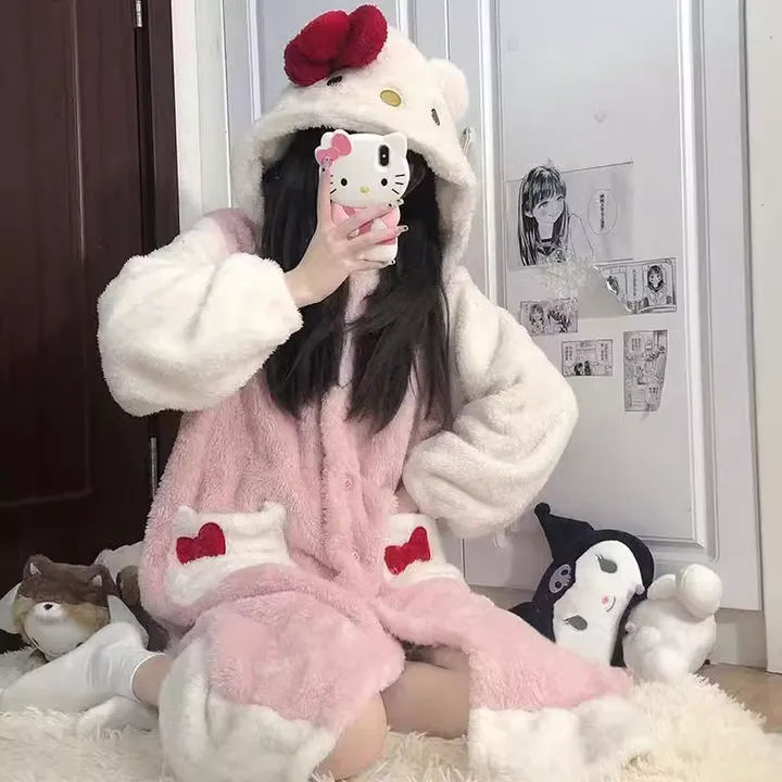 왕 리본 고양이 극세사 수면 잠옷 파자마 겨울 가을 털 기모 후드티 퍼 패딩 수면바지 홈파티 여행 공주 일본 원피스 투피스 세트 캐릭터 타올 정품 크리스마스 선물 키치 키티 y2k 상세 이미지 9
