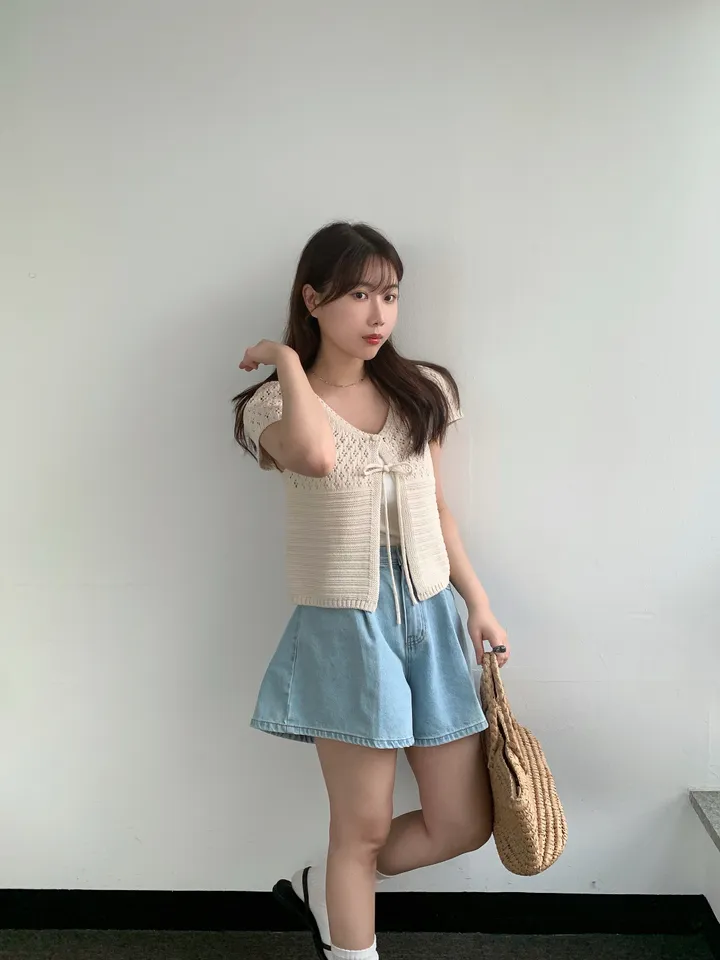 멜라운지 콤비 하프 가디건 mellounge 2col 반팔 여름 리본 펀칭 레이어드 러블리 상세 이미지 13