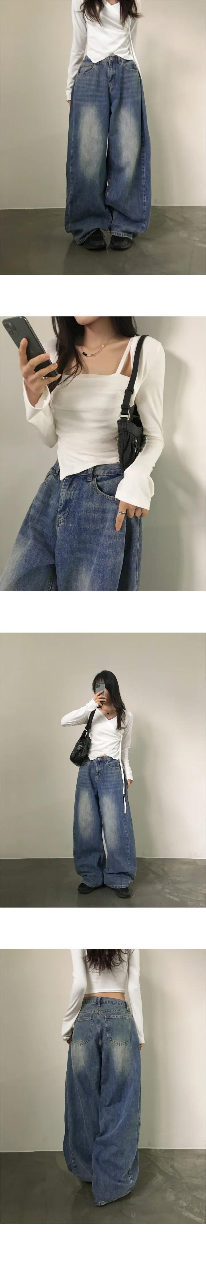 [롱,숏/5color] 코온 사이드 핀턱 벌룬핏 빈티지 워싱 롱 와이드 데님 팬츠 상세 이미지 8