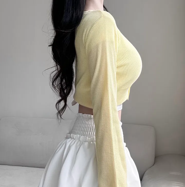 [여리핏보장!!/여친룩/5col] 청순 데일리 슬림핏 크롭 긴팔 시보리 브이넥 단추 가벼운 간절기 가디건 데이트룩 기본 베이직 봉 초여름 가을 국내제작 고퀄 기획 얇은 니트 상세 이미지 16