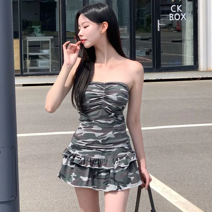 [섹시유니크🖤] 카모 투피스 / 캡내장 밀리터리 캡나시 뷔스티에 셔링 크롭탑 셔링탑 튜브탑 탱크탑 브라탑 y2k 데님탑 카고스커트 캉캉치마 밀리터리스커트 치마바지 레이어드스커트 상세 이미지 29