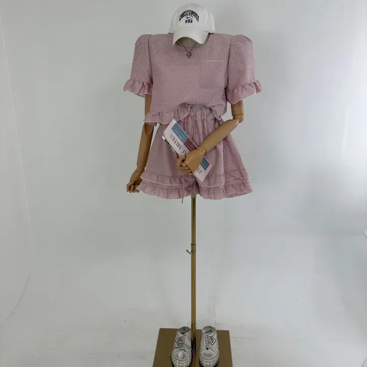 [패드내장/러블리/귀여운/트레이닝세트] 루즈핏 러플 포켓 배색 프릴 부클 지지미 블라우스 티셔츠 + 하이 밴딩 이단 프릴 배색 숏팬츠 SET (3COLOR) 상세 이미지 8