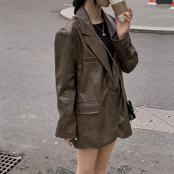 [모델소장/최저가🤎] 런던 원버튼 루즈핏 레더 블레이저 하프 자켓 - jk 상세 이미지 43