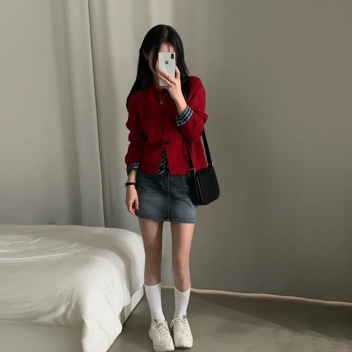[저렴이X,원단달라요!/긱시크🤍] 버른 체크 레이어드 셔츠 배색 니트 가디건 - 5color 상세 이미지 44