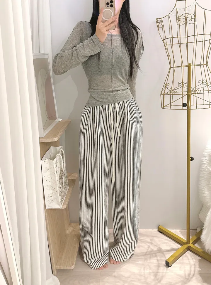 *빠른출고 [쥔장소장/시어서커🍃] 썸머 스트라이프 단가라 밴딩 힙 와이드 롱 팬츠 트레이닝팬츠 - 2color 상세 이미지 17