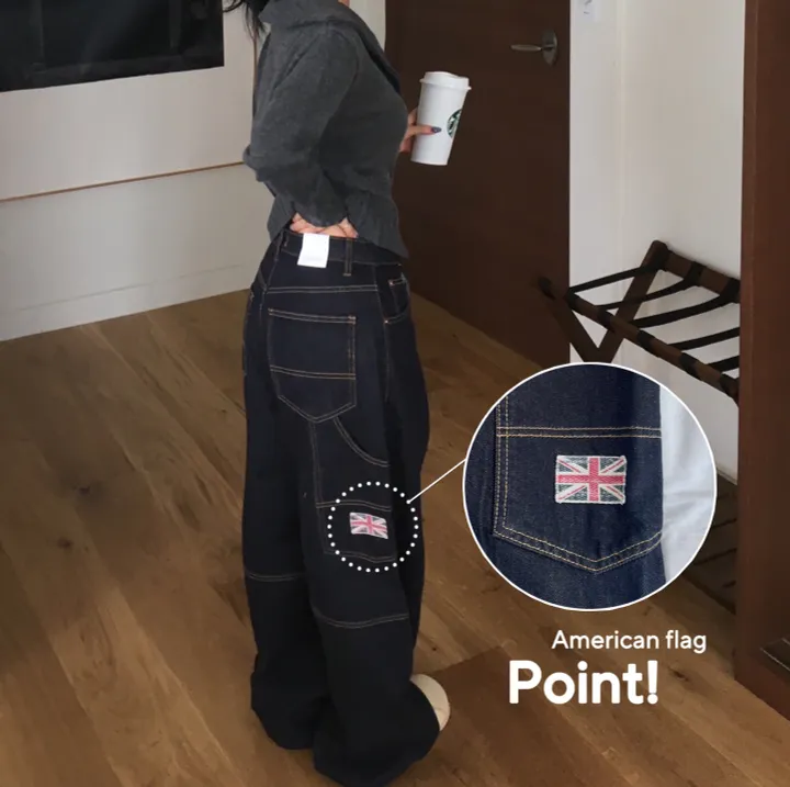 [f/w신상/물빠짐x] 🇬🇧 point 논페이드 패치 카펜더 와이드 데님 롱팬츠 상세 이미지 4