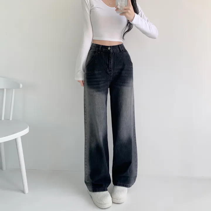 당일출고🚀[특가❤/핏보장] 선데이 원버튼 뒷밴딩 사이드 빈티지 워싱 하이웨스트 와이드 바지 데님팬츠 청바지 사계절청바지 상세 이미지 11