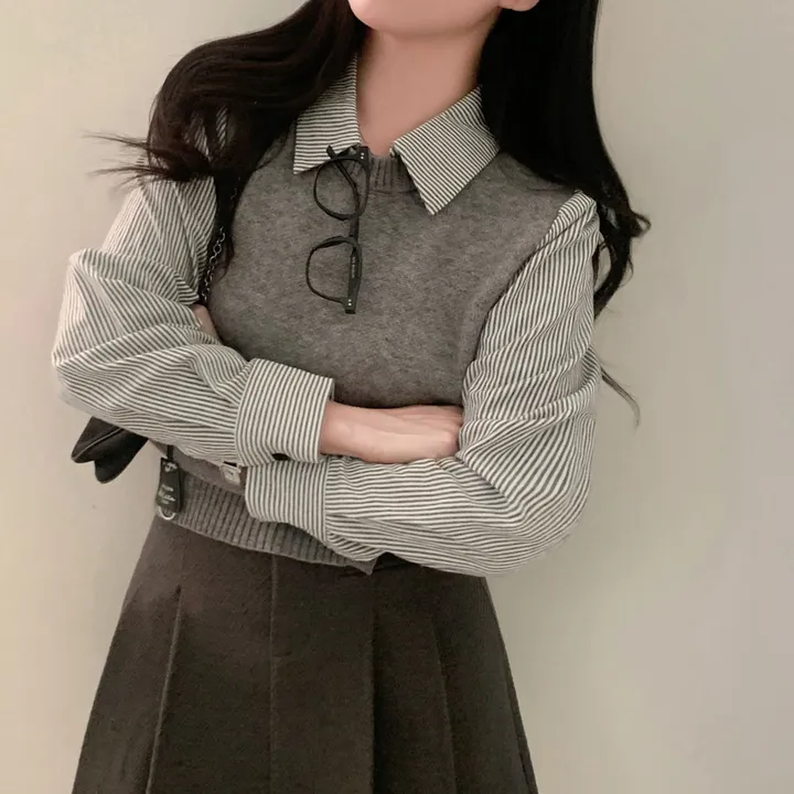 [단독/일체형!/✨주문폭주✨]올인원 쓰리버튼 레이어드 일체형 스트라이프 셔츠+니트조끼 상세 이미지 39